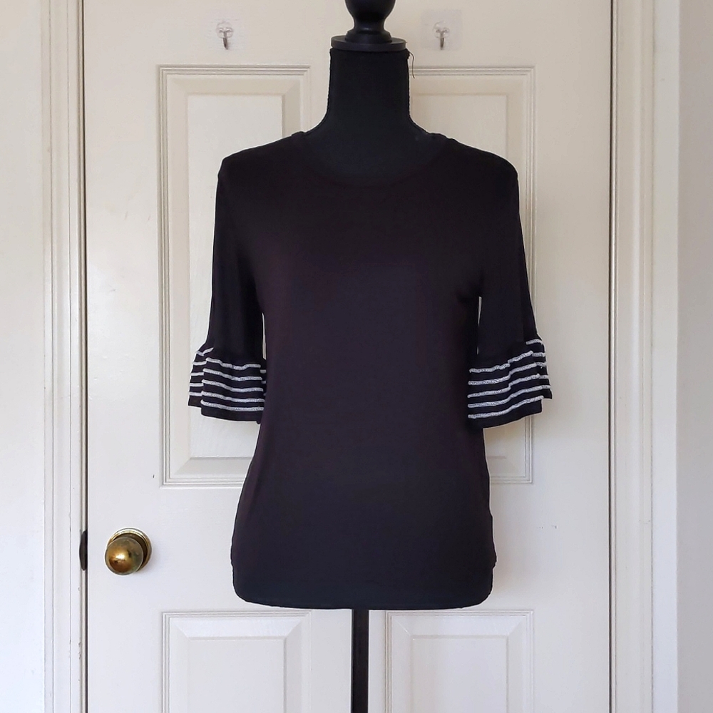 Rayon and Spandex Tee with white striped ruffle half sleeve.